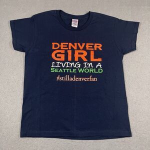 VTG Bayside Shirt Womens Large Blue Denver Girl Living In A Seattle World USA